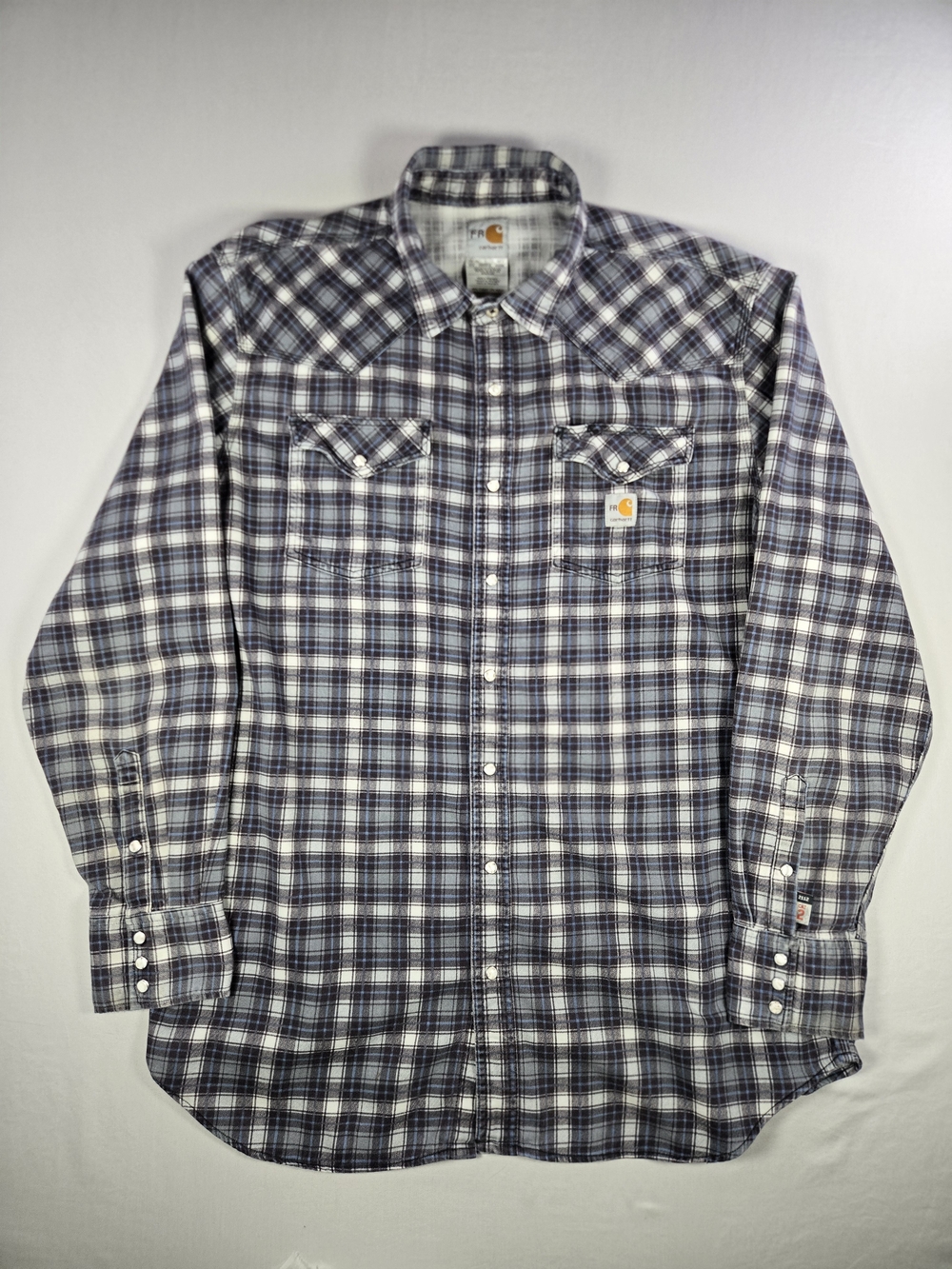 Carhartt FR Plaid Pearl Snap Western Heavy Work Shirt CAT 2 Blue Gray Size XL